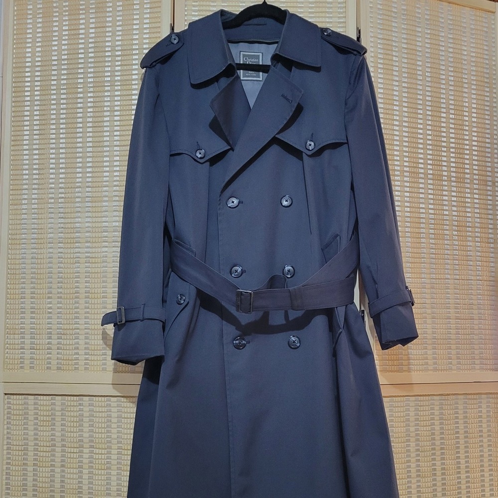 Christian Dior Monsieur Mens 42S Navy Blue Double Breasted Belted Trench Coat - Picture 1 of 16